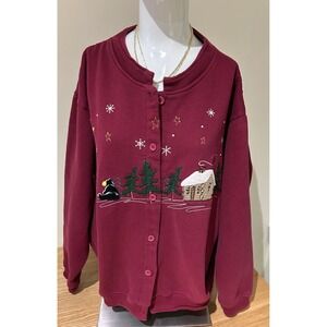 Vintage 1990s Artisan Embroidered Black Bear‎ Winter Scene Cardigan Cottage XXL